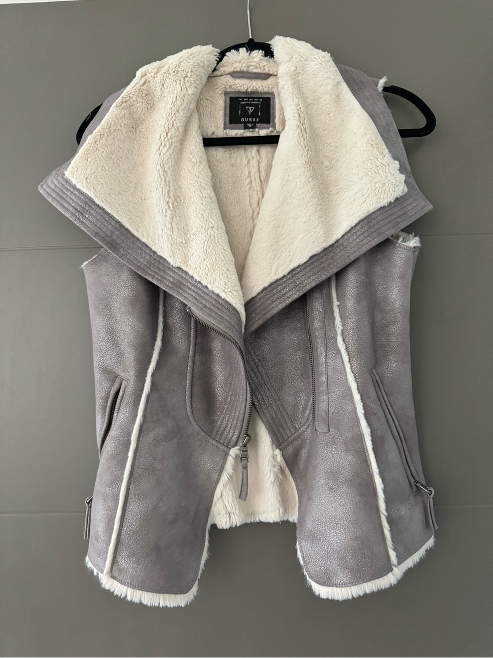 GUESS Gray Faux-Shearling Vest with Cream Lining